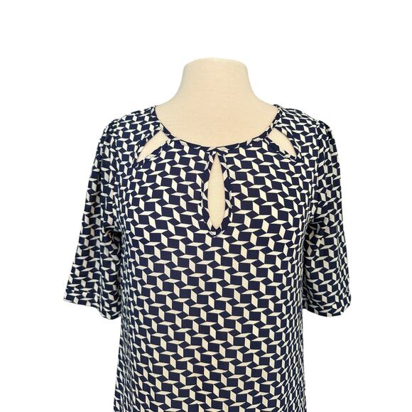 Needle and Thread Knee Length Cut Out Neck Blue White Geo Print Shift Dress Med - Picture 2 of 7